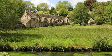 ِحظ، بسبب، Bibury، Gloucestershire، ب، روضة الماء، إلى داخل، الأمامية، أيضا، cotswold، الأكواخ، الأكواخ، خلف